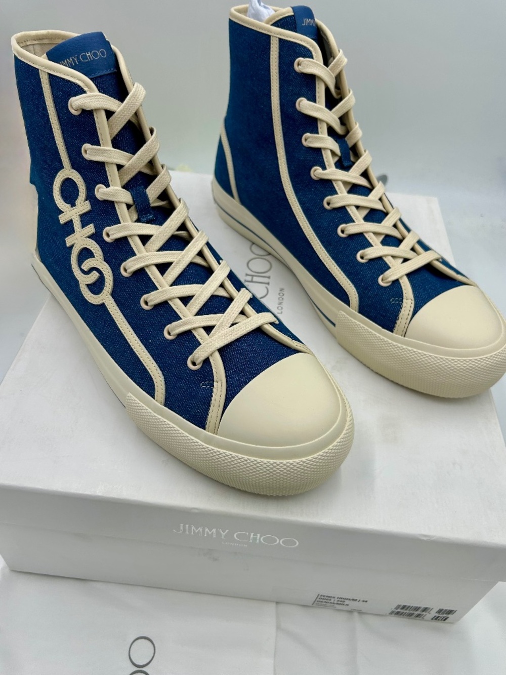 Men’s Jimmy Choo Fenix High-Top Denim Sneaker. Size 44/11  Made in Italy